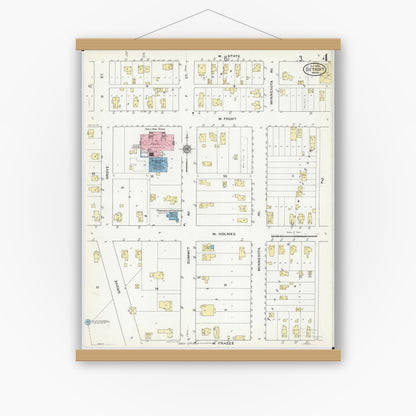 Old map wall art mockup — magnetic wood frame on white wall — Sanborn Fire Insurance Map from Detroit Lakes, Becker County, Minnesota (1909), Sheet #0004