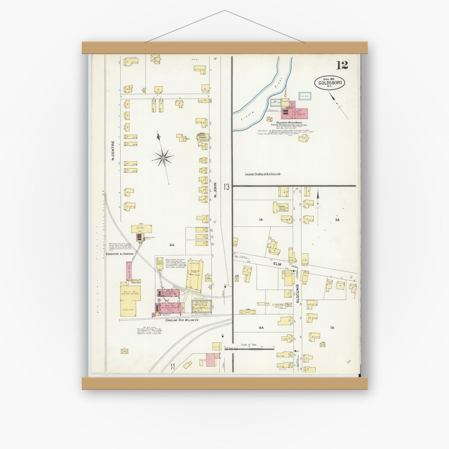 Old map wall art mockup — magnetic wood frame on white wall — Sanborn Fire Insurance Map from Goldsboro, Wayne County, North Carolina (1908), Sheet #0012