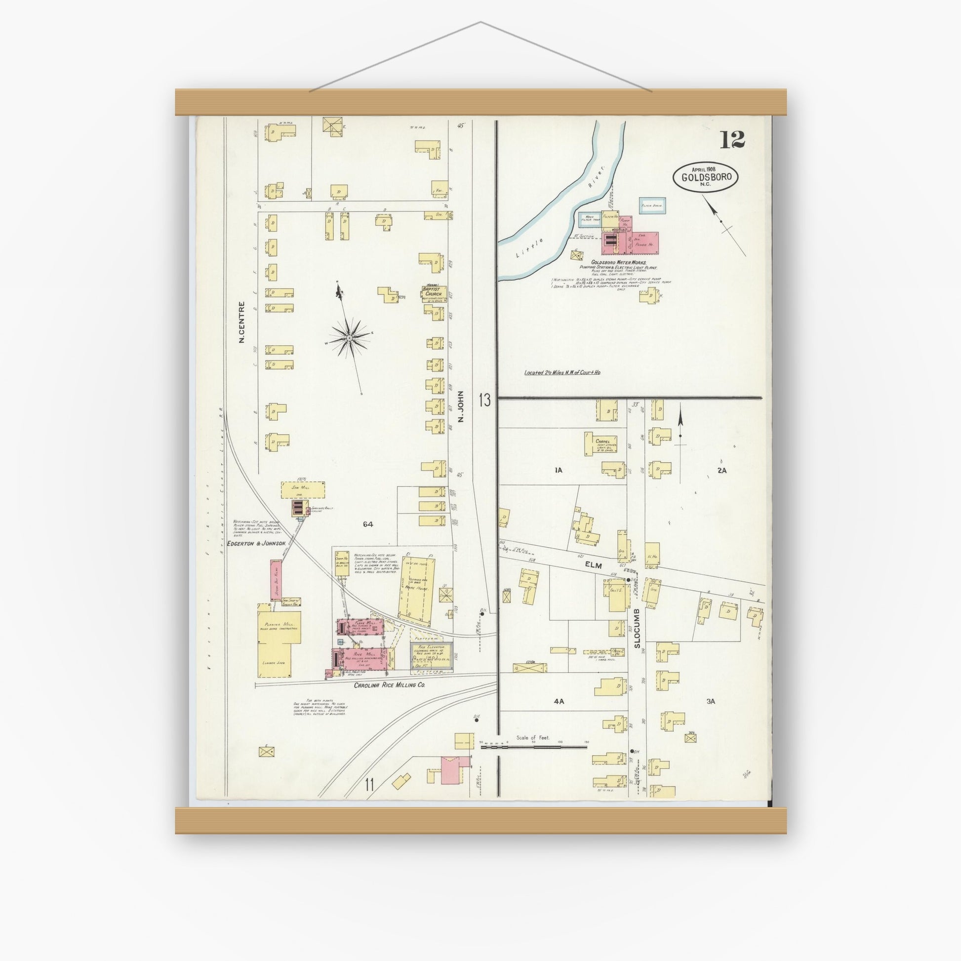 Old map wall art mockup — magnetic wood frame on white wall — Sanborn Fire Insurance Map from Goldsboro, Wayne County, North Carolina (1908), Sheet #0012