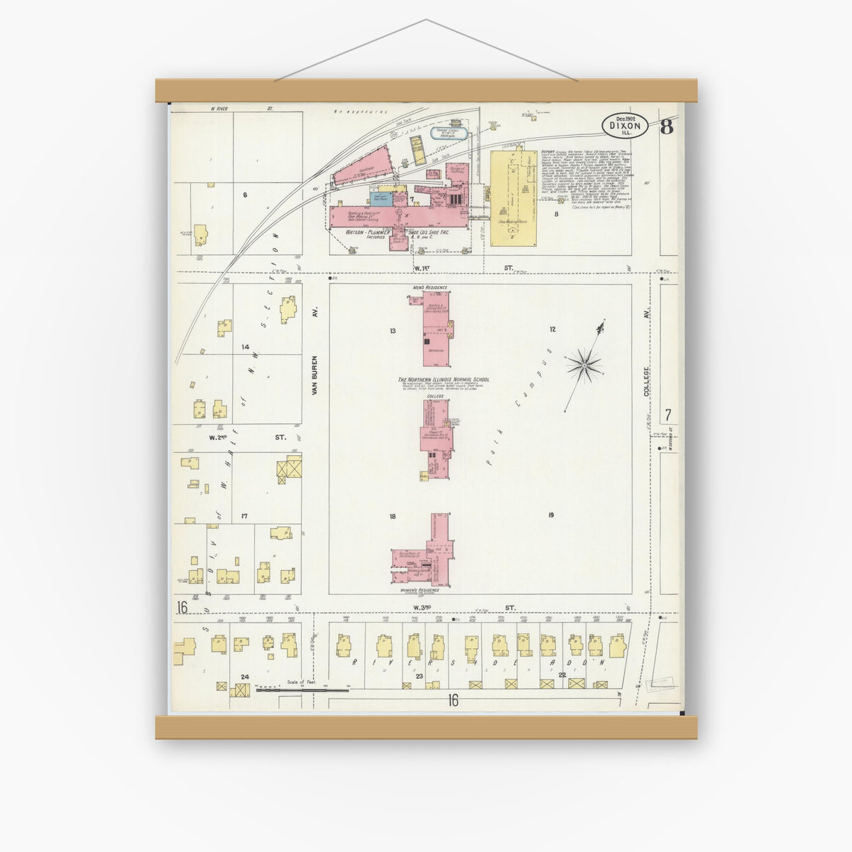 Old map wall art mockup — magnetic wood frame on white wall — Sanborn Fire Insurance Map from Dixon, Lee County, Illinois (1902), Sheet #0008