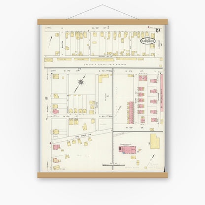 Old map wall art mockup — magnetic wood frame on white wall — Sanborn Fire Insurance Map from Bloomsburg, Columbia County, Pennsylvania (1913), Sheet #0019