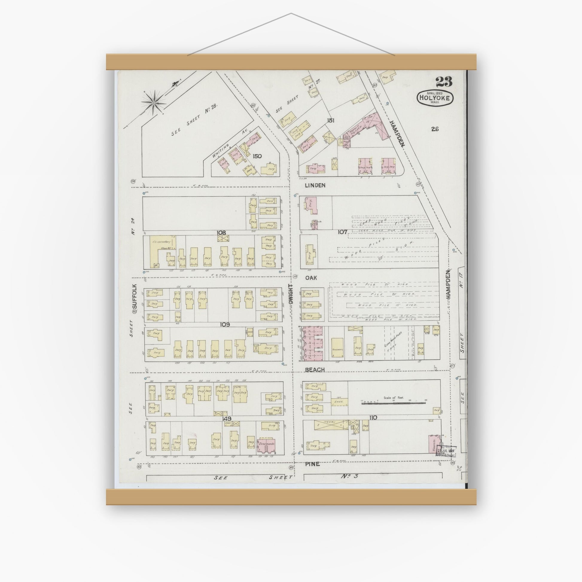 Old map wall art mockup — magnetic wood frame on white wall — Sanborn Fire Insurance Map from Holyoke, Hampden County, Massachusetts (1889), Sheet #0023