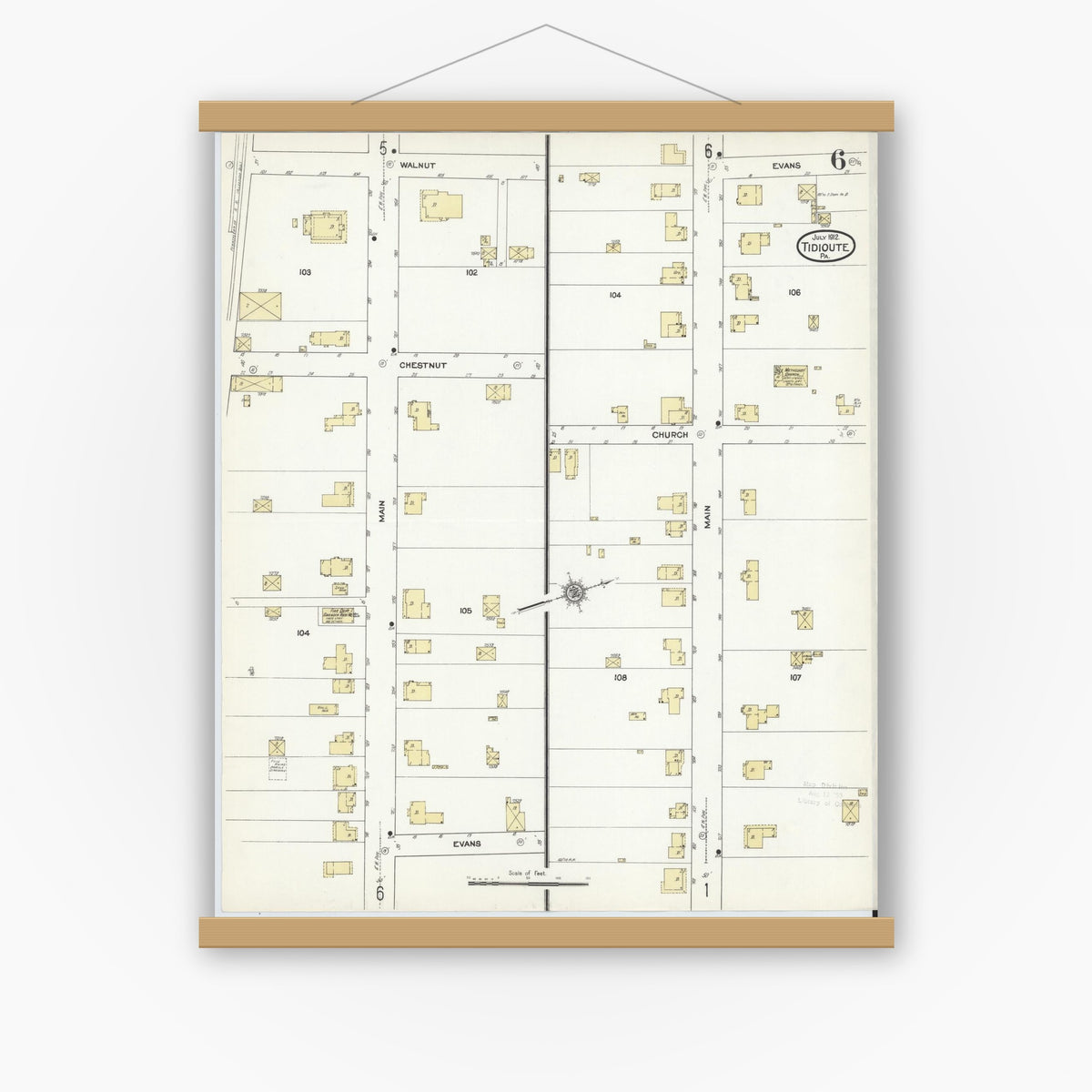 Old map wall art mockup — magnetic wood frame on white wall — Sanborn Fire Insurance Map from Tidioute, Warren County, Pennsylvania (1912), Sheet #0006