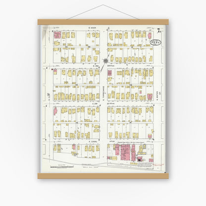 Old map wall art mockup — magnetic wood frame on white wall — Sanborn Fire Insurance Map from Peru, Miami County, Indiana (1920), Sheet #0007