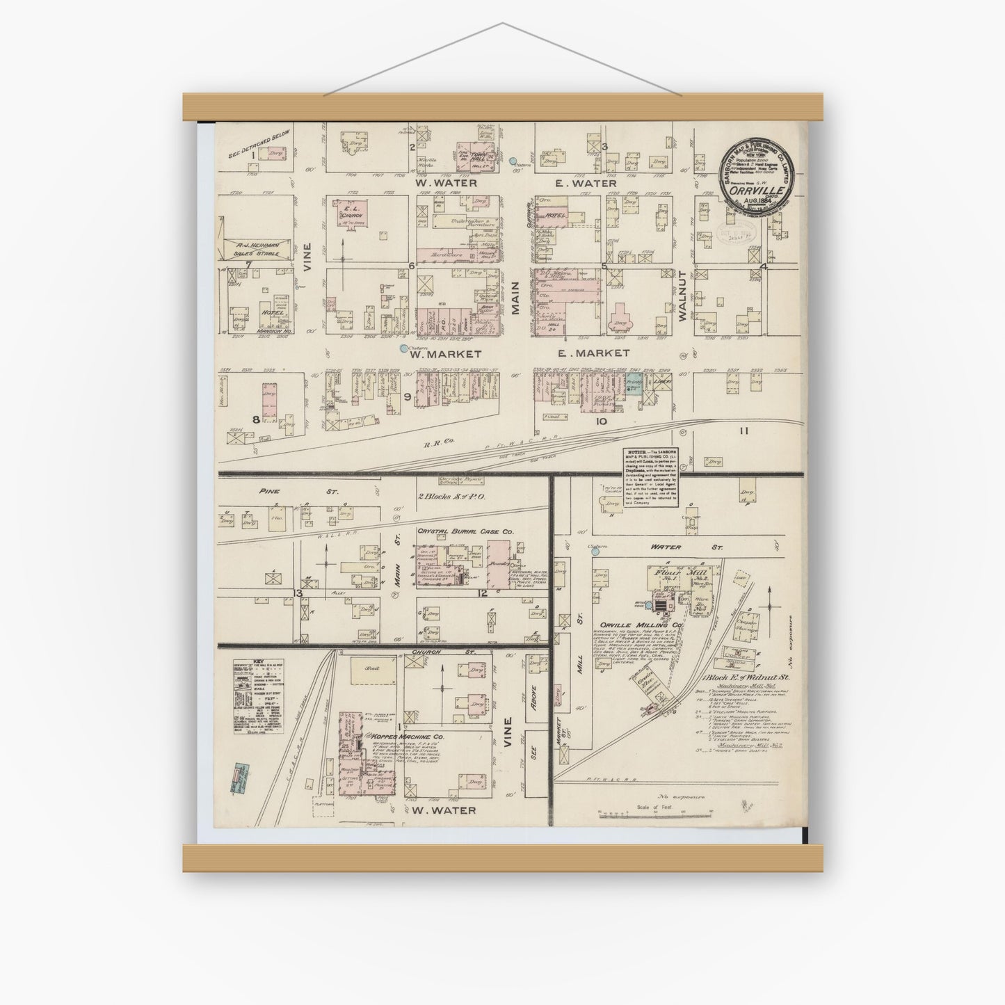 Old map wall art mockup — magnetic wood frame on white wall — Sanborn Fire Insurance Map from Orrville, Wayne County, Ohio (1884), Sheet #0001