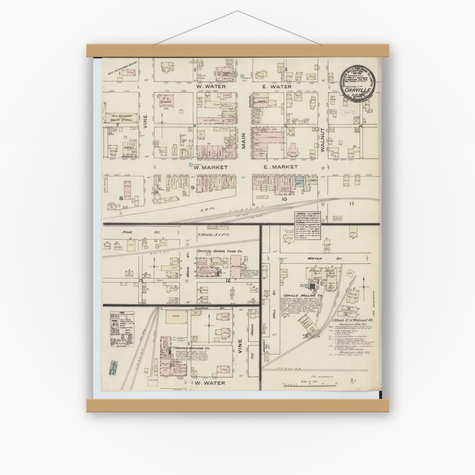Old map wall art mockup — magnetic wood frame on white wall — Sanborn Fire Insurance Map from Orrville, Wayne County, Ohio (1884), Sheet #0001
