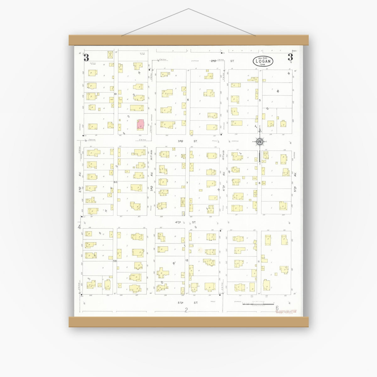 Old map wall art mockup — magnetic wood frame on white wall — Sanborn Fire Insurance Map from Logan, Harrison County, Iowa (1930), Sheet #0003