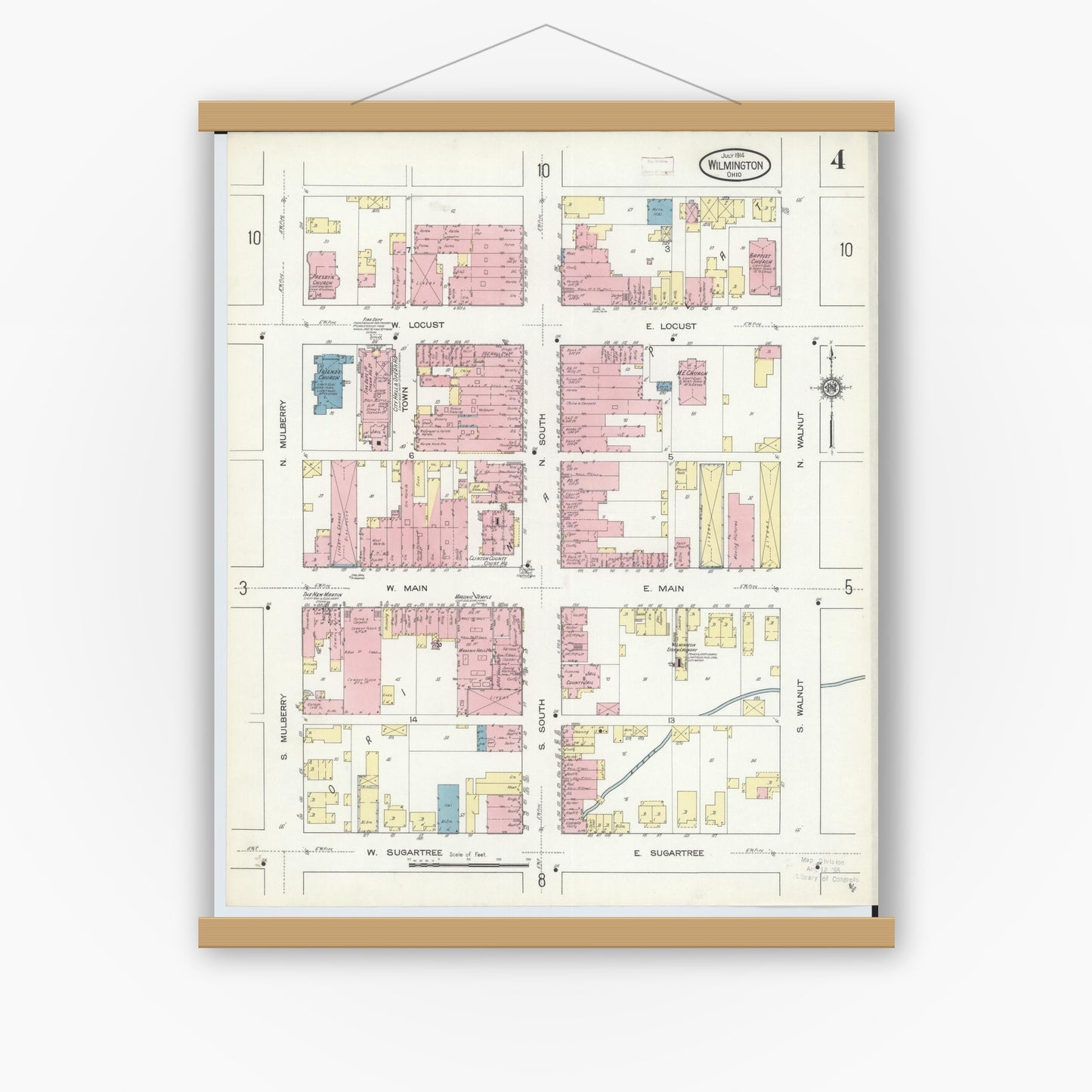 Old map wall art mockup — magnetic wood frame on white wall — Sanborn Fire Insurance Map from Wilmington, Clinton County, Ohio (1914), Sheet #0004
