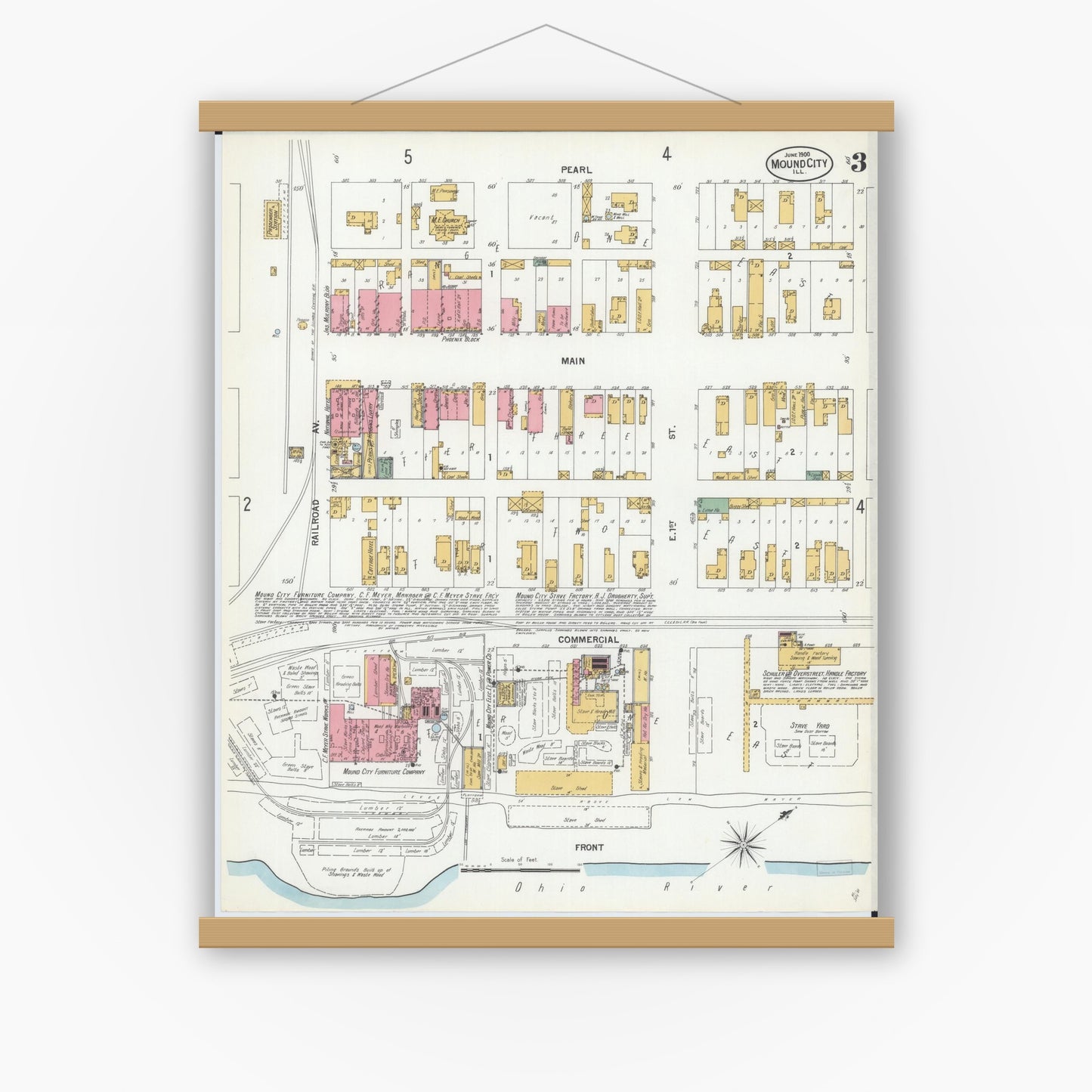 Old map wall art mockup — magnetic wood frame on white wall — Sanborn Fire Insurance Map from Mound City, Pulaski County, Illinois (1900), Sheet #0003