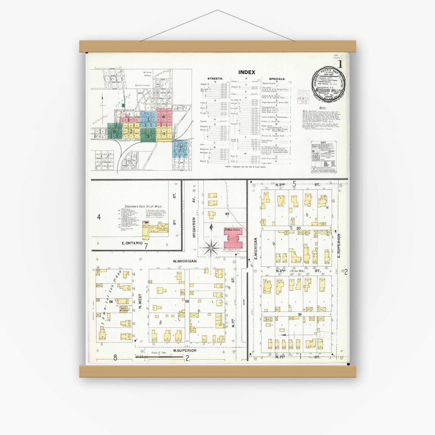 Old map wall art mockup — magnetic wood frame on white wall — Sanborn Fire Insurance Map from Missouri Valley, Harrison County, Iowa (1901) - Complete Map Set
