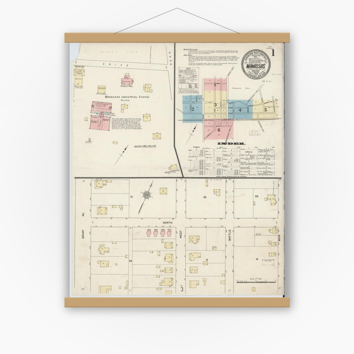 Old map wall art mockup — magnetic wood frame on white wall — Sanborn Fire Insurance Map from Manassas, Independent Cities, Virginia (1912), Sheet #0001
