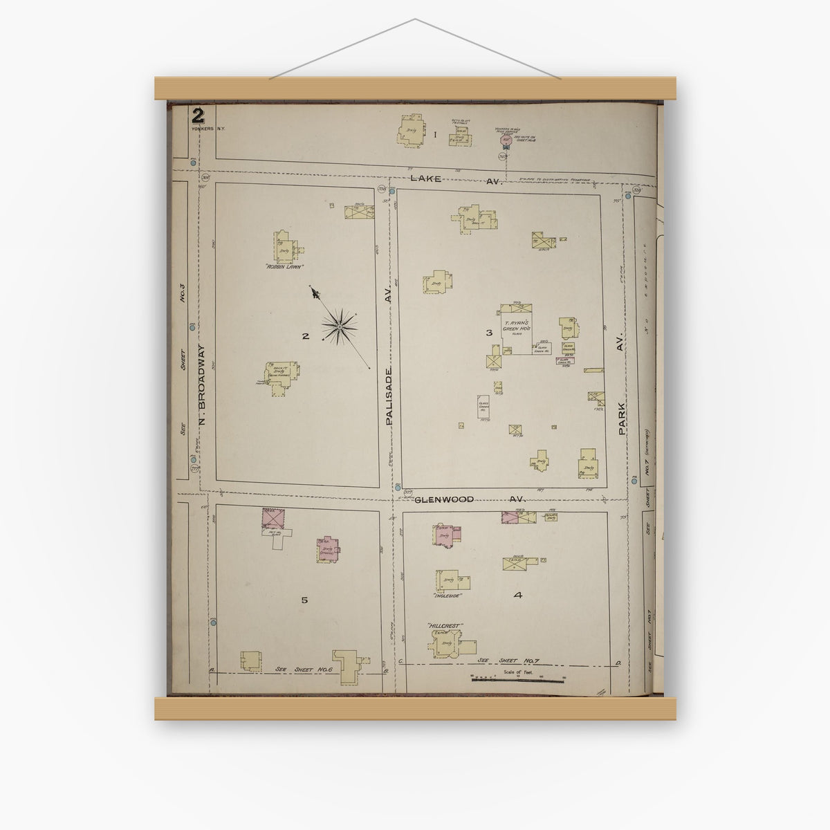 Old map wall art mockup — magnetic wood frame on white wall — Sanborn Fire Insurance Map from Yonkers, Westchester County, New York (1886), Sheet #0002