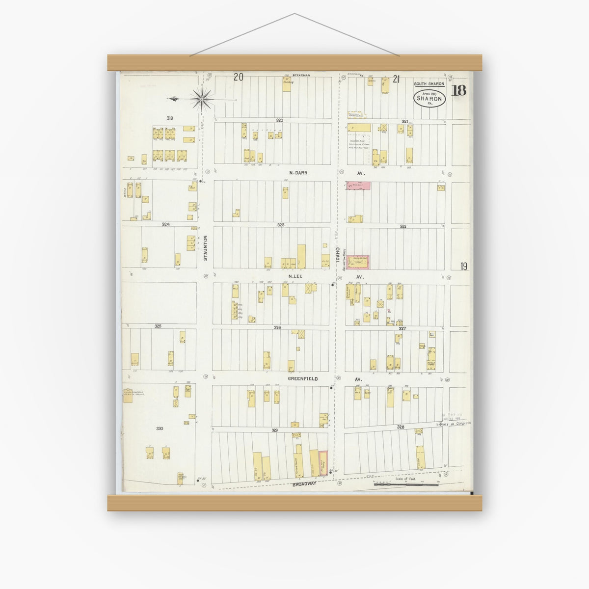 Old map wall art mockup — magnetic wood frame on white wall — Sanborn Fire Insurance Map from Sharon, Mercer County, Pennsylvania (1903), Sheet #0018