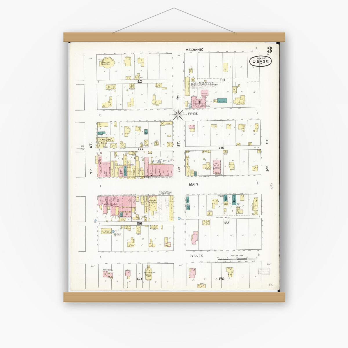 Old map wall art mockup — magnetic wood frame on white wall — Sanborn Fire Insurance Map from Osage, Mitchell County, Iowa (1892), Sheet #0003