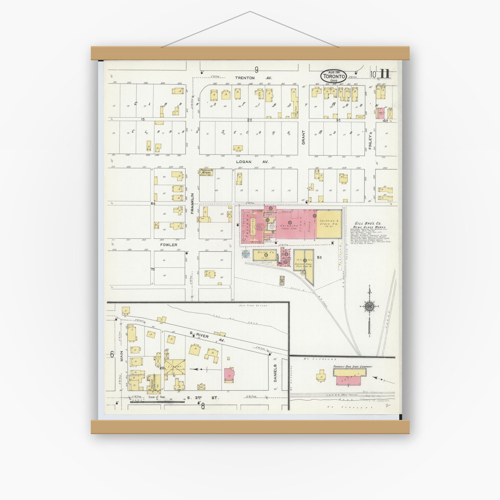 Old map wall art mockup — magnetic wood frame on white wall — Sanborn Fire Insurance Map from Toronto, Jefferson County, Ohio (1911), Sheet #0011