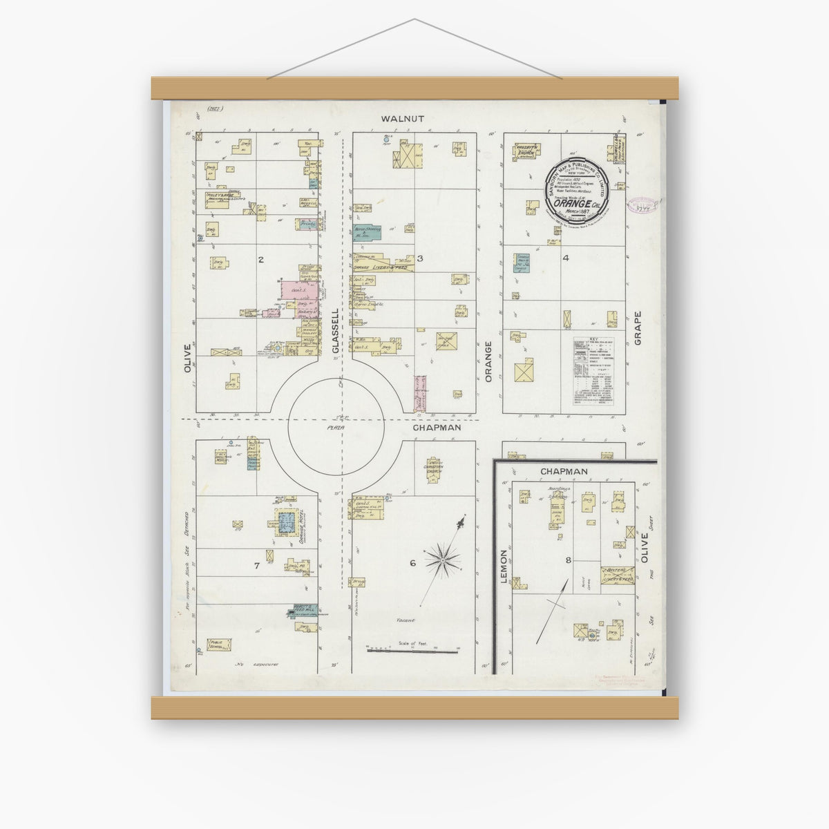 Old map wall art mockup — magnetic wood frame on white wall — Sanborn Fire Insurance Map from Orange, Orange County, California (1887), Sheet #0001