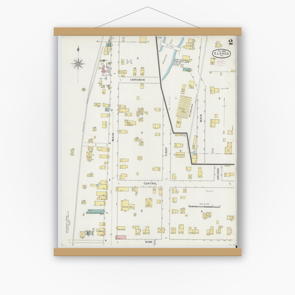 Old map wall art mockup — magnetic wood frame on white wall — Sanborn Fire Insurance Map from Eldred, McKean County, Pennsylvania (1894), Sheet #0002