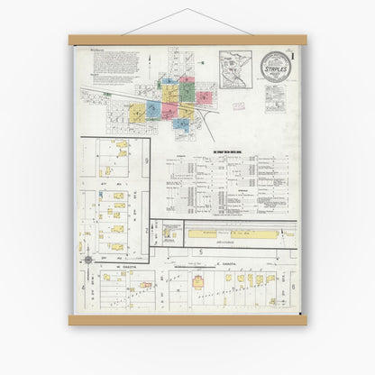 Old map wall art mockup — magnetic wood frame on white wall — Sanborn Fire Insurance Map from Staples, Todd County, Minnesota (1916) - Complete Map Set