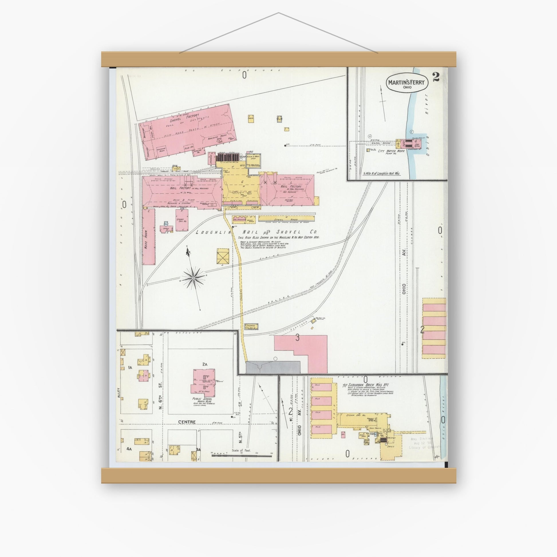 Old map wall art mockup — magnetic wood frame on white wall — Sanborn Fire Insurance Map from Martins Ferry, Belmont County, Ohio (1900), Sheet #0002