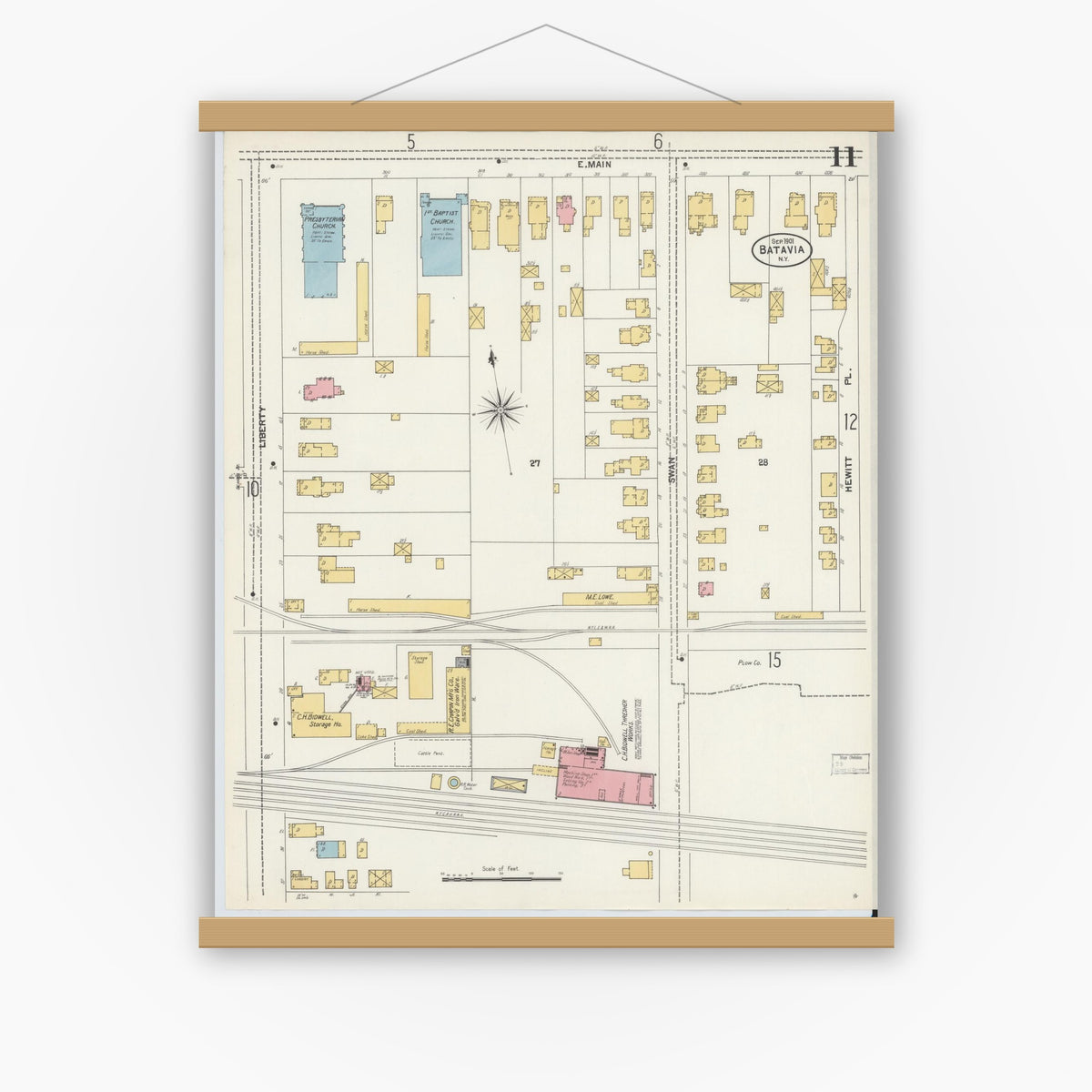 Old map wall art mockup — magnetic wood frame on white wall — Sanborn Fire Insurance Map from Batavia, Genesee County, New York (1901), Sheet #0011