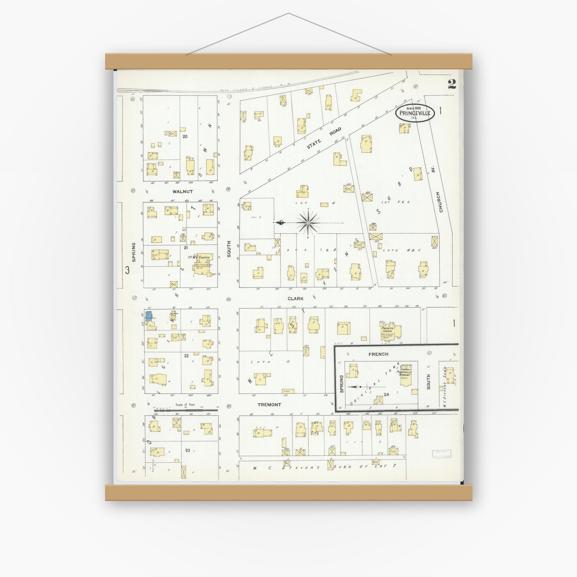 Old map wall art mockup — magnetic wood frame on white wall — Sanborn Fire Insurance Map from Princeville, Peoria County, Illinois (1909), Sheet #0002