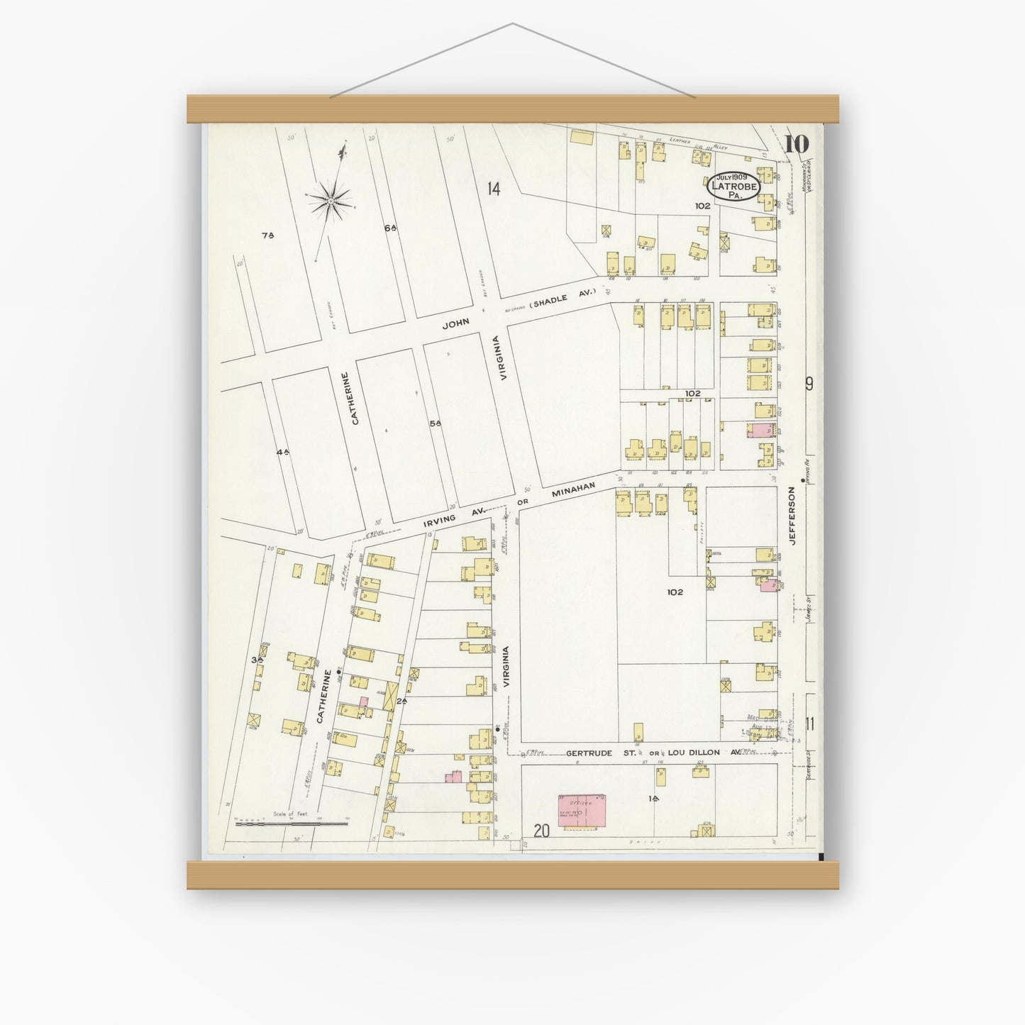 Old map wall art mockup — magnetic wood frame on white wall — Sanborn Fire Insurance Map from Latrobe, Westmoreland County, Pennsylvania (1909), Sheet #0010
