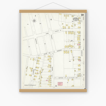 Old map wall art mockup — magnetic wood frame on white wall — Sanborn Fire Insurance Map from Latrobe, Westmoreland County, Pennsylvania (1909), Sheet #0010