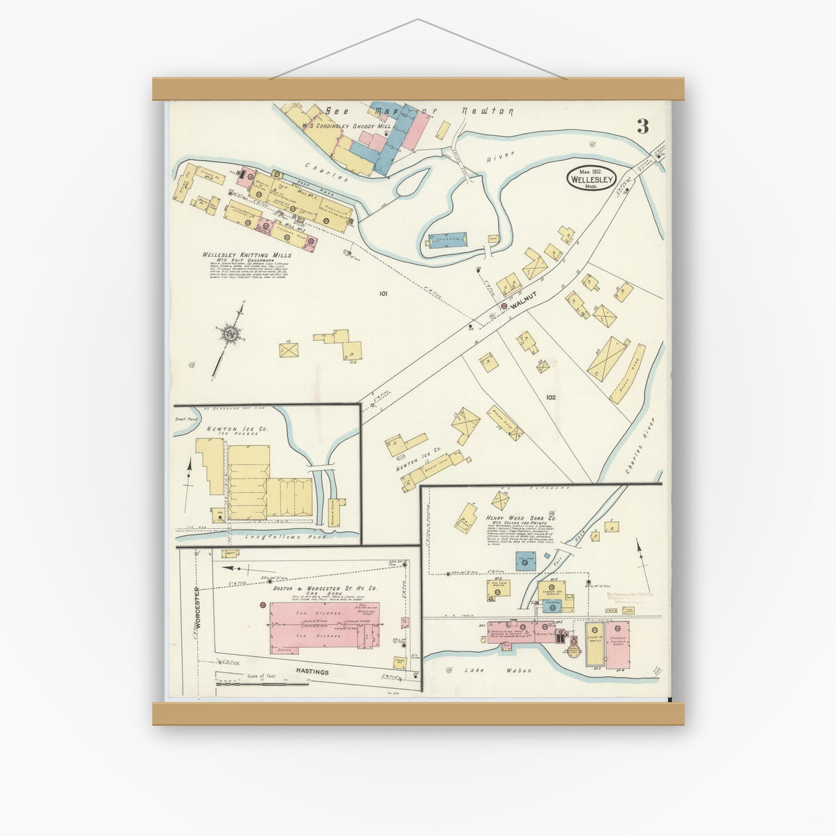 Old map wall art mockup — magnetic wood frame on white wall — Sanborn Fire Insurance Map from Wellesley, Norfolk County, Massachusetts (1912), Sheet #0003