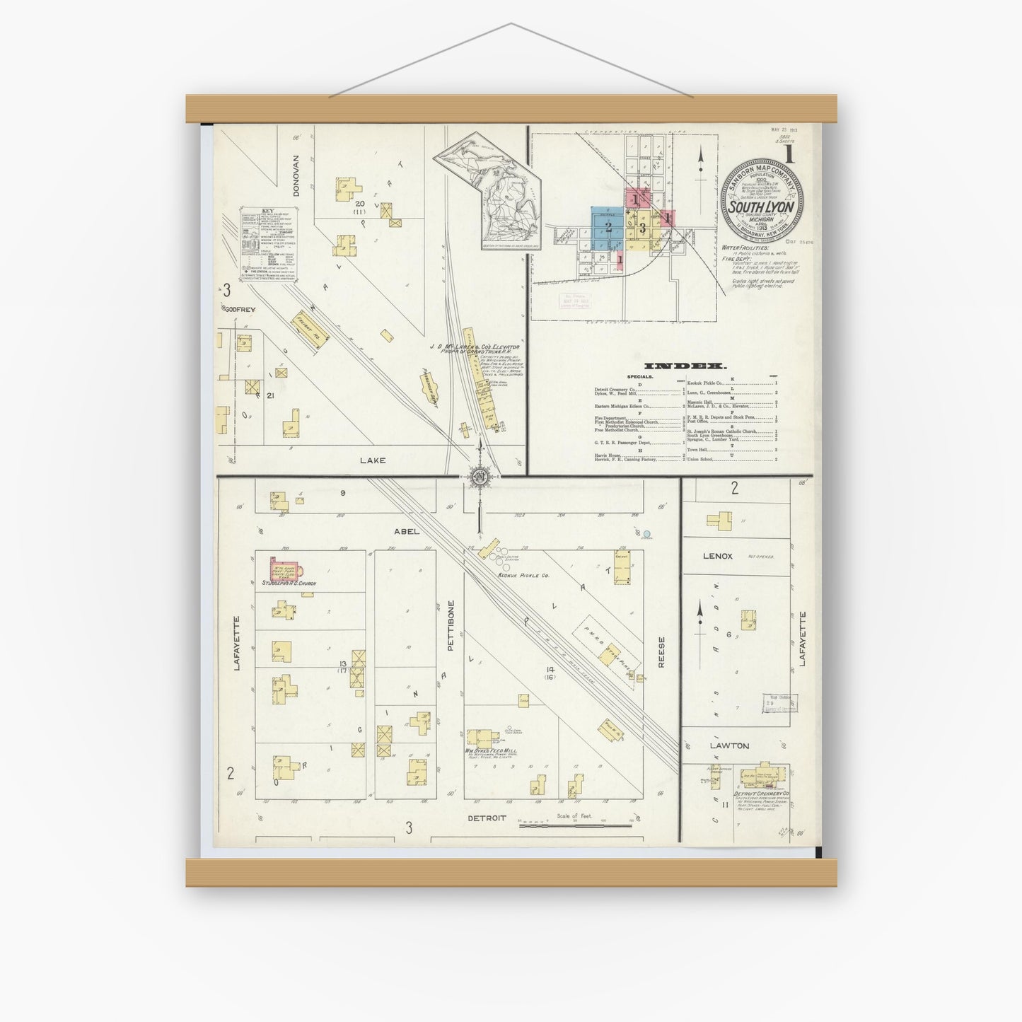 Old map wall art mockup — magnetic wood frame on white wall — Sanborn Fire Insurance Map from South Lyon, Oakland County, Michigan (1913) - Complete Map Set