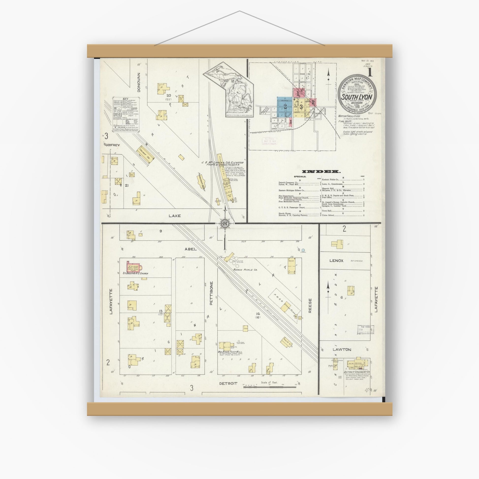 Old map wall art mockup — magnetic wood frame on white wall — Sanborn Fire Insurance Map from South Lyon, Oakland County, Michigan (1913) - Complete Map Set