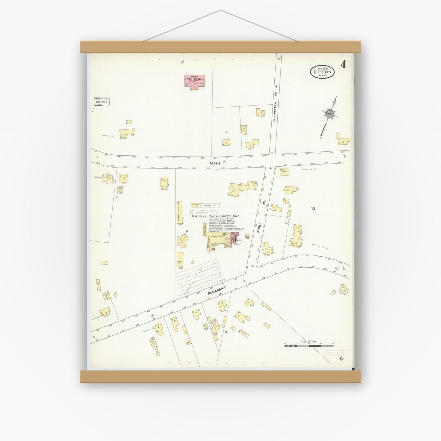 Old map wall art mockup — magnetic wood frame on white wall — Sanborn Fire Insurance Map from Upton, Worcester County, Massachusetts (1910), Sheet #0004