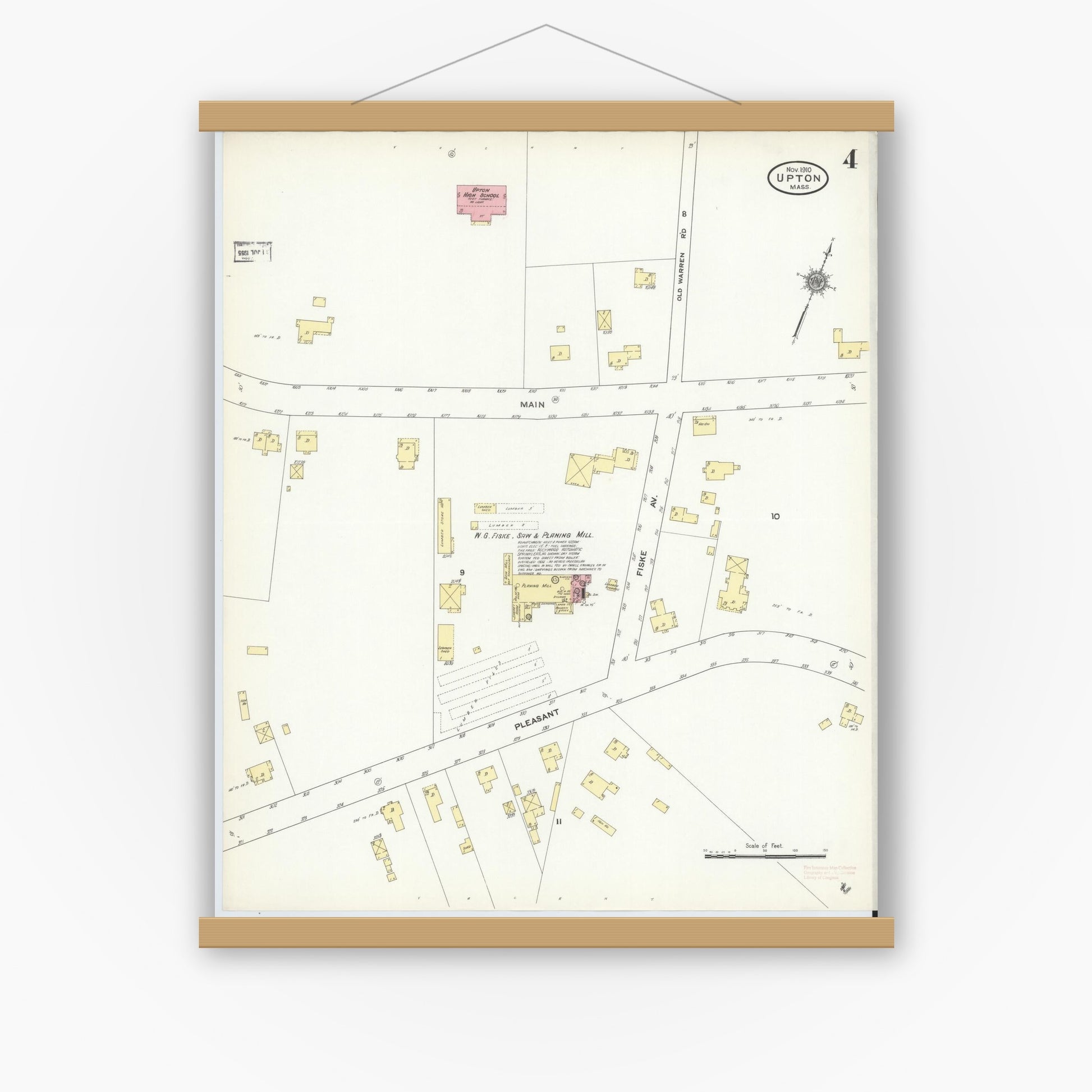 Old map wall art mockup — magnetic wood frame on white wall — Sanborn Fire Insurance Map from Upton, Worcester County, Massachusetts (1910), Sheet #0004