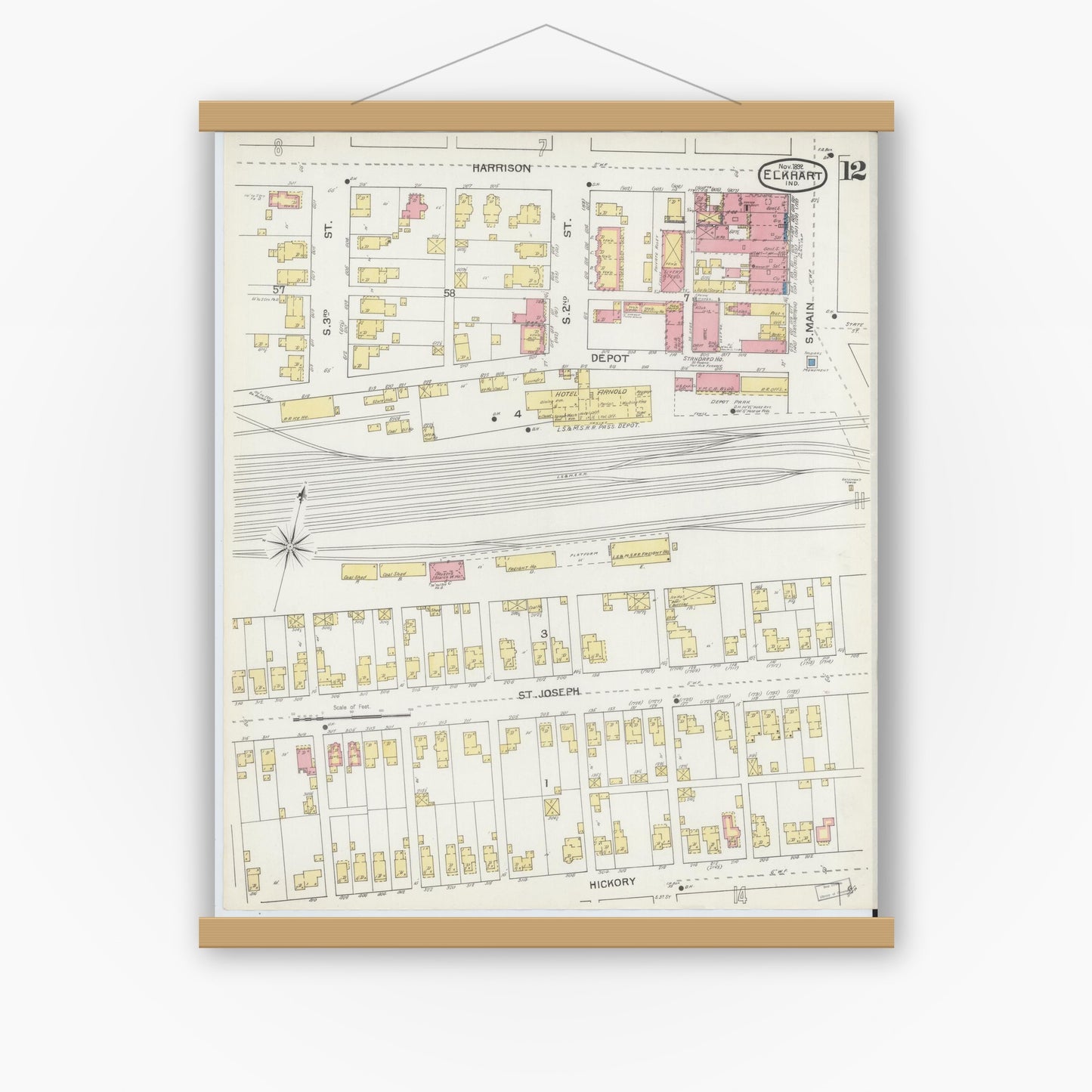 Old map wall art mockup — magnetic wood frame on white wall — Sanborn Fire Insurance Map from Elkhart, Elkhart County, Indiana (1892), Sheet #0012