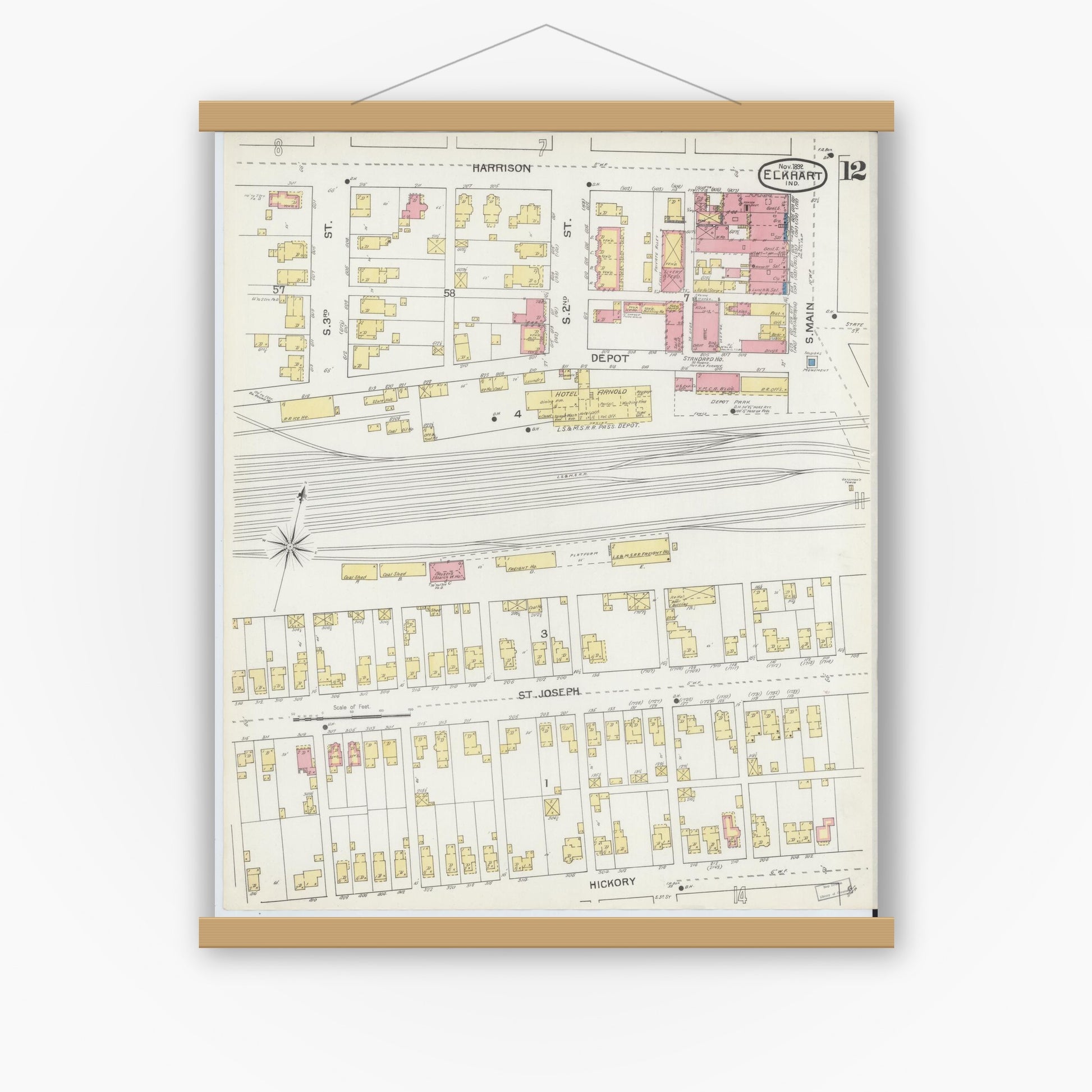 Old map wall art mockup — magnetic wood frame on white wall — Sanborn Fire Insurance Map from Elkhart, Elkhart County, Indiana (1892), Sheet #0012