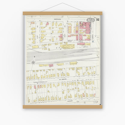 Old map wall art mockup — magnetic wood frame on white wall — Sanborn Fire Insurance Map from Elkhart, Elkhart County, Indiana (1892), Sheet #0012