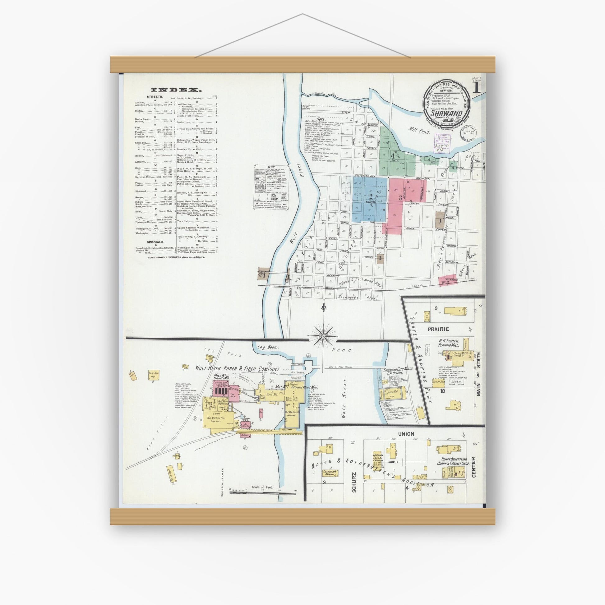 Old map wall art mockup — magnetic wood frame on white wall — Sanborn Fire Insurance Map from Shawano, Shawano County, Wisconsin (1901), Sheet #0001