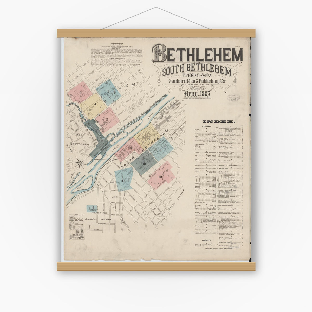 Old map wall art mockup — magnetic wood frame on white wall — Sanborn Fire Insurance Map from Bethlehem, Northampton And Lehigh Counties, Pennsylvania (1885), Sheet #0001