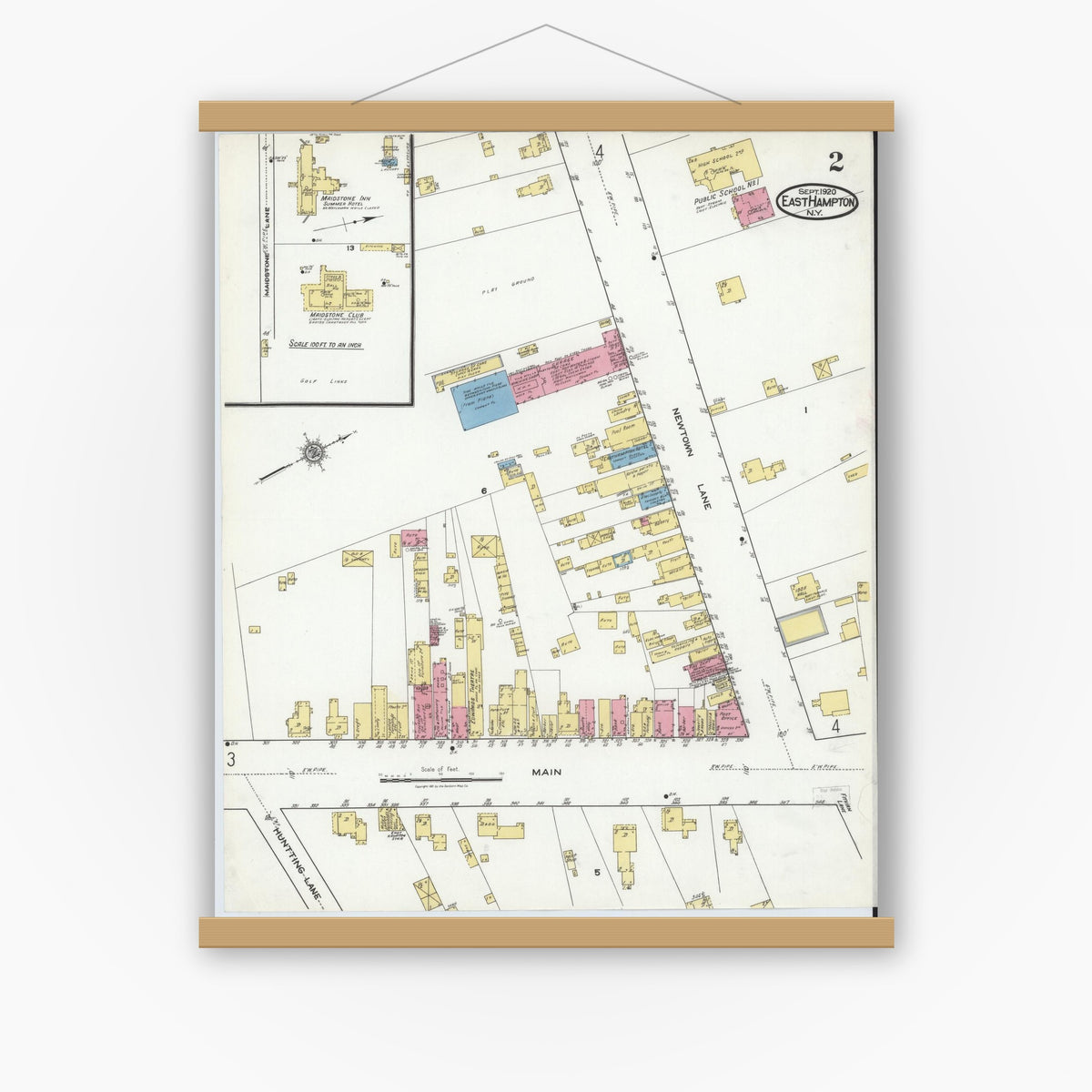 Old map wall art mockup — magnetic wood frame on white wall — Sanborn Fire Insurance Map from Easthampton, Suffolk County, New York (1920), Sheet #0002