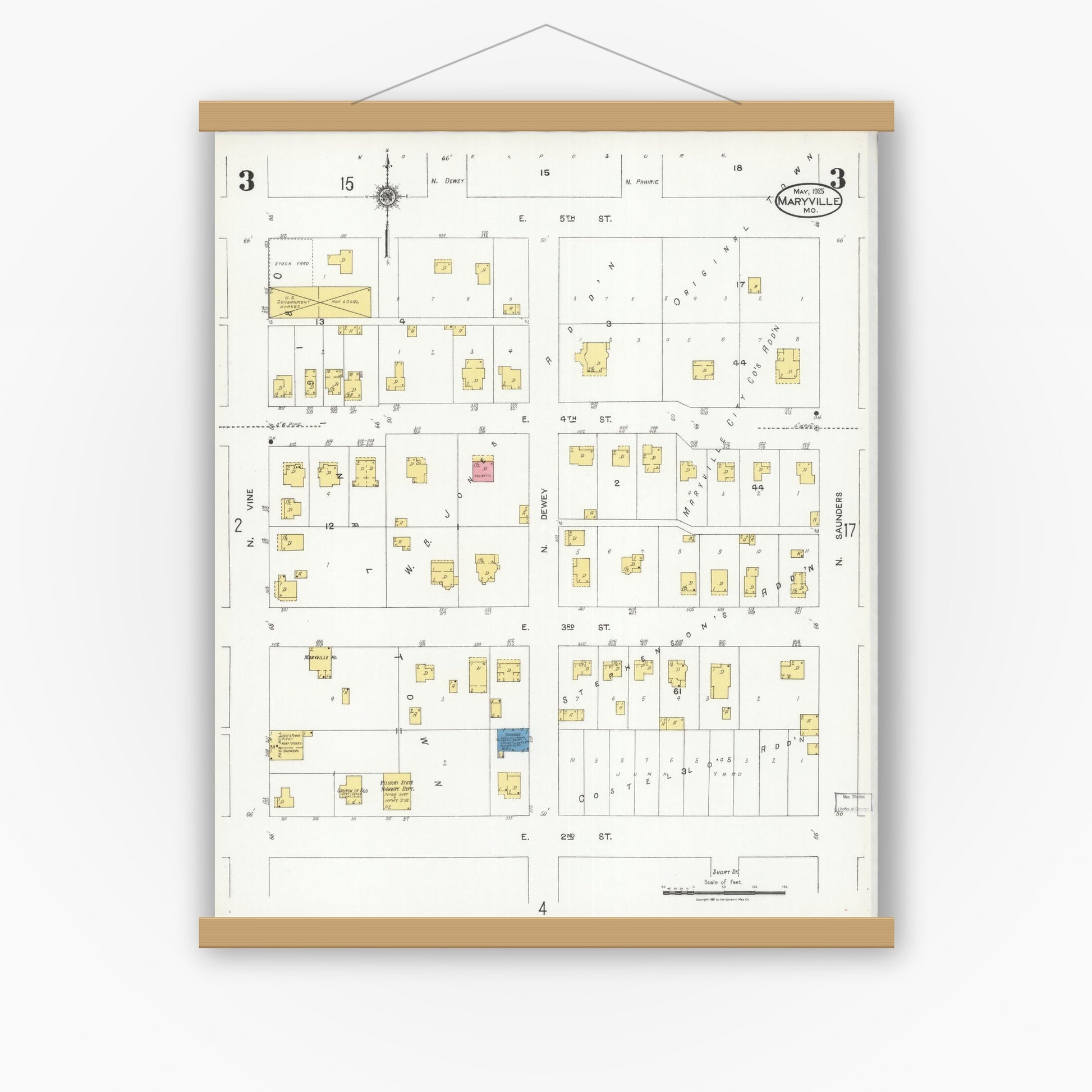 Old map wall art mockup — magnetic wood frame on white wall — Sanborn Fire Insurance Map from Maryville, Nodaway County, Missouri (1925), Sheet #0003