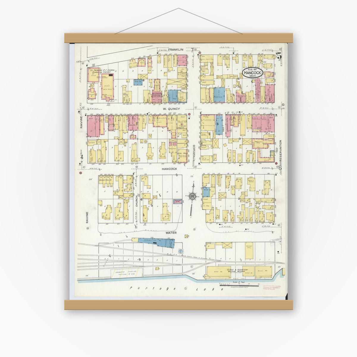 Old map wall art mockup — magnetic wood frame on white wall — Sanborn Fire Insurance Map from Hancock, Houghton County, Michigan (1917), Sheet #0005