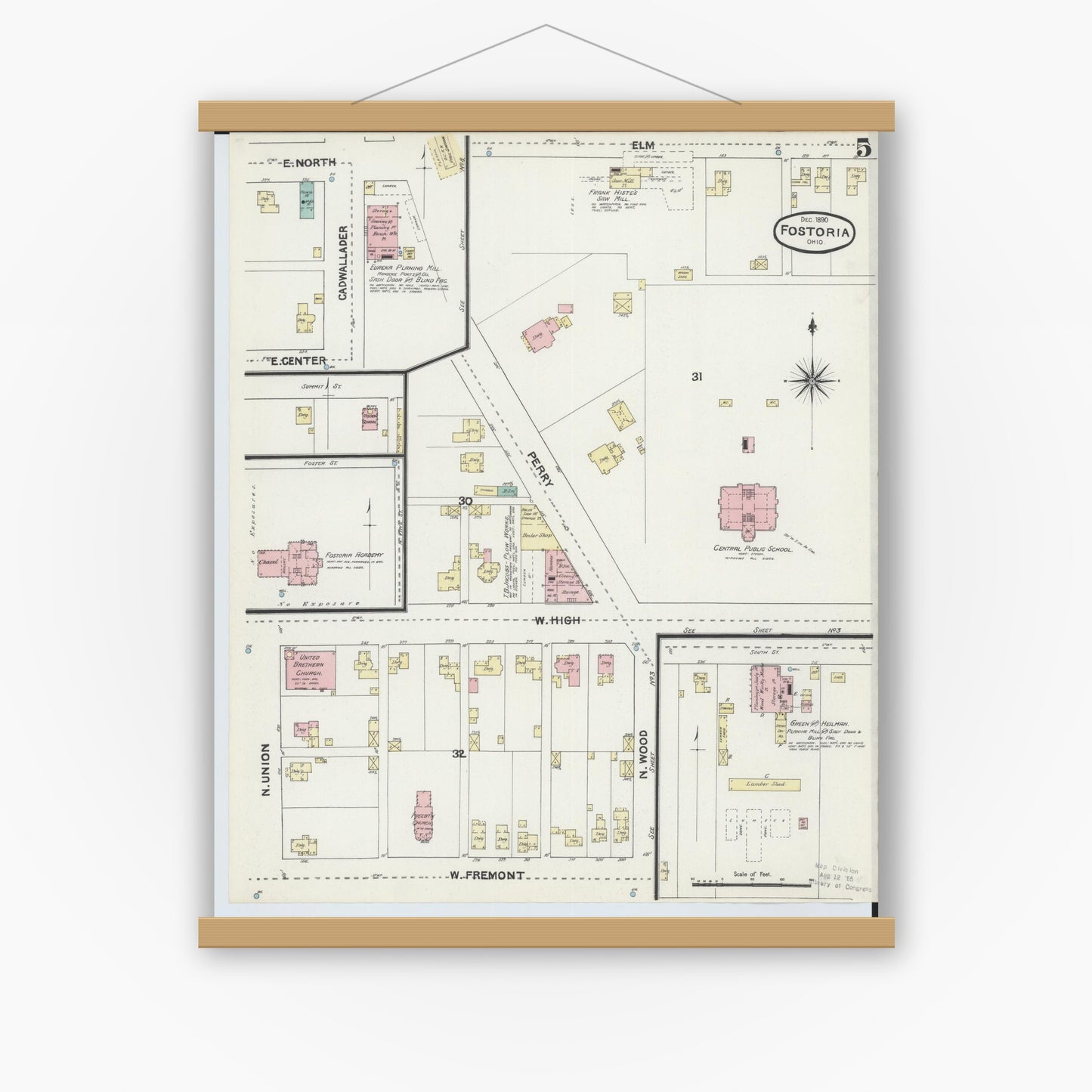 Old map wall art mockup — magnetic wood frame on white wall — Sanborn Fire Insurance Map from Fostoria, Seneca, Hancock, And Wood Counties, Ohio (1891), Sheet #0005