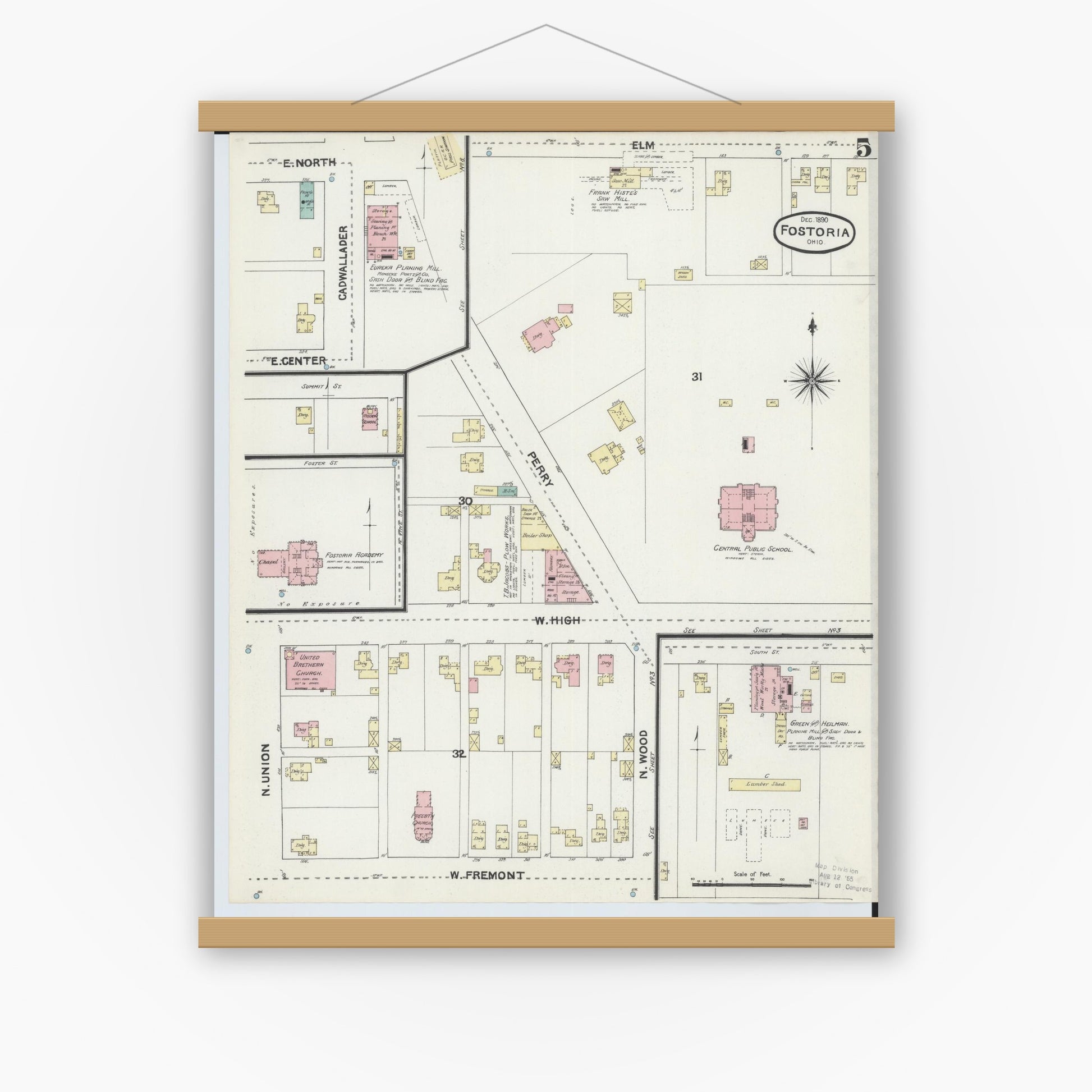 Old map wall art mockup — magnetic wood frame on white wall — Sanborn Fire Insurance Map from Fostoria, Seneca, Hancock, And Wood Counties, Ohio (1891), Sheet #0005