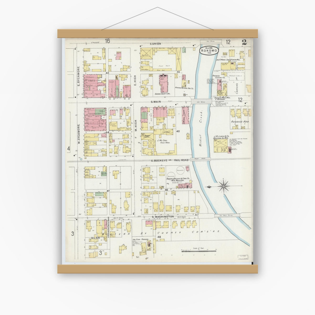 Old map wall art mockup — magnetic wood frame on white wall — Sanborn Fire Insurance Map from Kokomo, Howard County, Indiana (1896), Sheet #0002