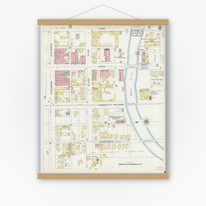 Old map wall art mockup — magnetic wood frame on white wall — Sanborn Fire Insurance Map from Kokomo, Howard County, Indiana (1896), Sheet #0002