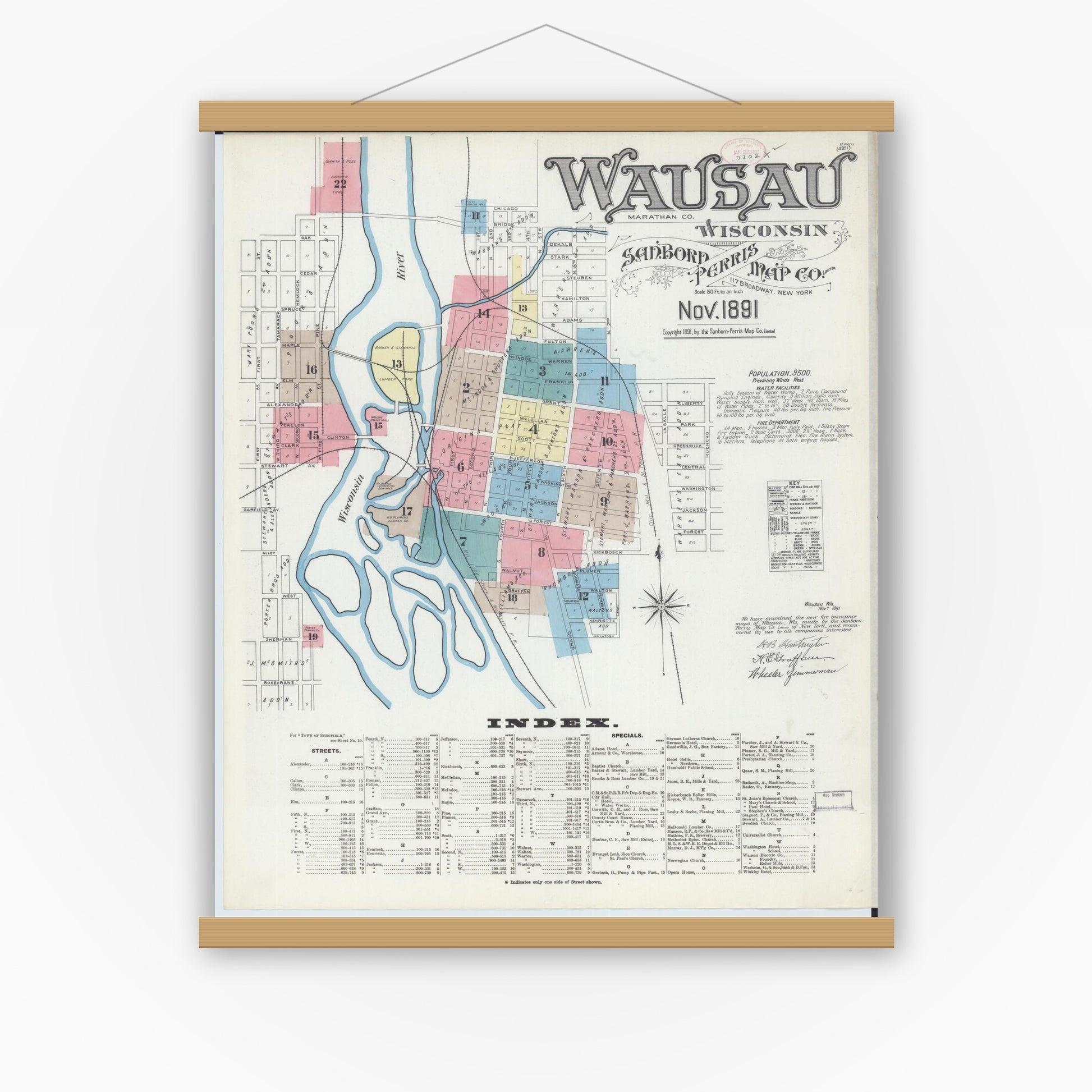 Old map wall art mockup — magnetic wood frame on white wall — Sanborn Fire Insurance Map from Wausau, Marathon County, Wisconsin (1891) - Complete Map Set