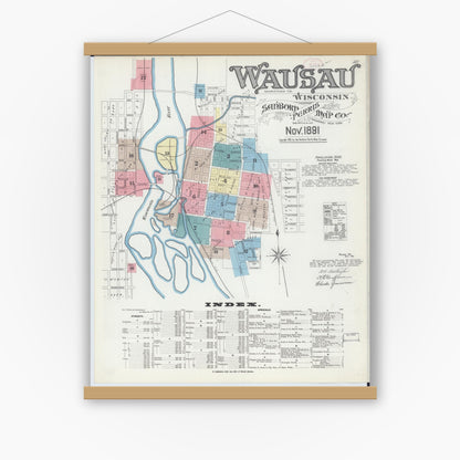 Old map wall art mockup — magnetic wood frame on white wall — Sanborn Fire Insurance Map from Wausau, Marathon County, Wisconsin (1891) - Complete Map Set
