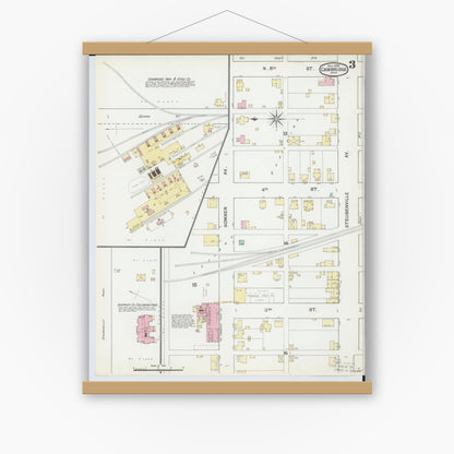 Old map wall art mockup — magnetic wood frame on white wall — Sanborn Fire Insurance Map from Cambridge, Guernsey County, Ohio (1892), Sheet #0003