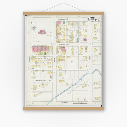 Old map wall art mockup — magnetic wood frame on white wall — Sanborn Fire Insurance Map from Virginia, Cass County, Illinois (1894), Sheet #0004