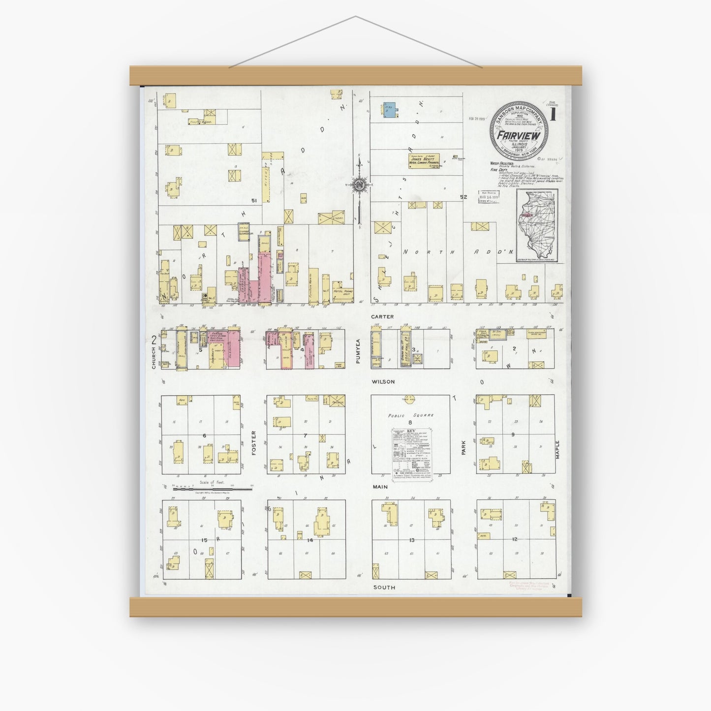 Old map wall art mockup — magnetic wood frame on white wall — Sanborn Fire Insurance Map from Fairview, Fulton County, Illinois (1919), Sheet #0001