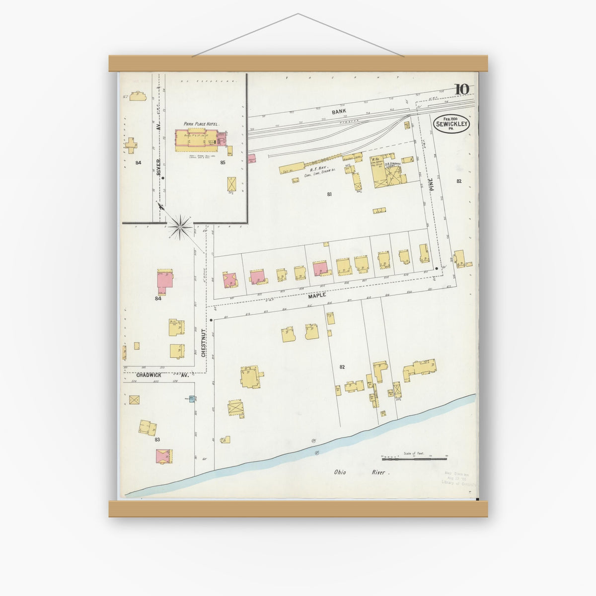 Old map wall art mockup — magnetic wood frame on white wall — Sanborn Fire Insurance Map from Sewickley, Allegheny County, Pennsylvania (1900), Sheet #0010